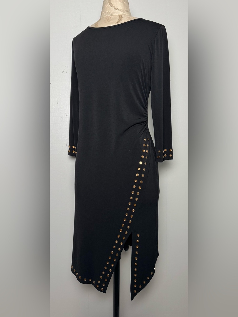 Spense Black Gold Studded Ruched Slinky Knit Cocktail Party Dress 10P NWT